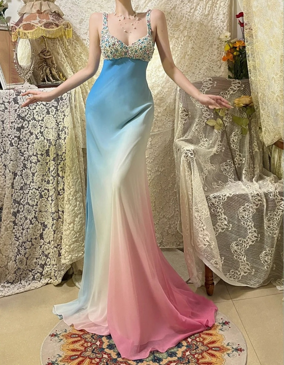 Blue rainbow beaded long chiffon mermaid ball gown evening dress party dress nv4318
