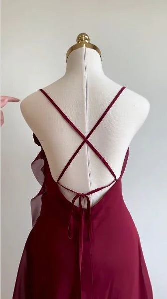 Robe de soirée courte bordeaux asymétrique en mousseline de soie, tenue de fête d'anniversaire, nv5277
