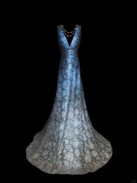 Blue Stylish Elegant V-Neck Exquisite Lace Long Tulle Floor-length Ball Gown Evening Gown Birthday Party Gown Prom Gown nv3970