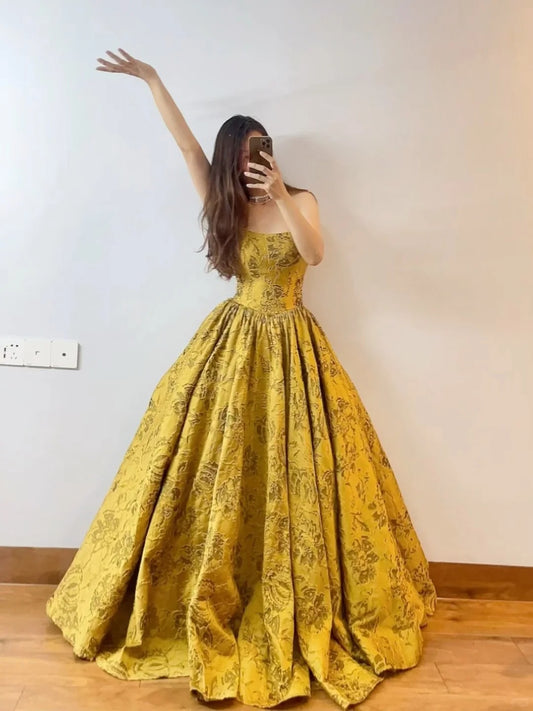 Gold Fashion Elegant Vintage Lange Satin Ballkleid Abendkleid nv4774
