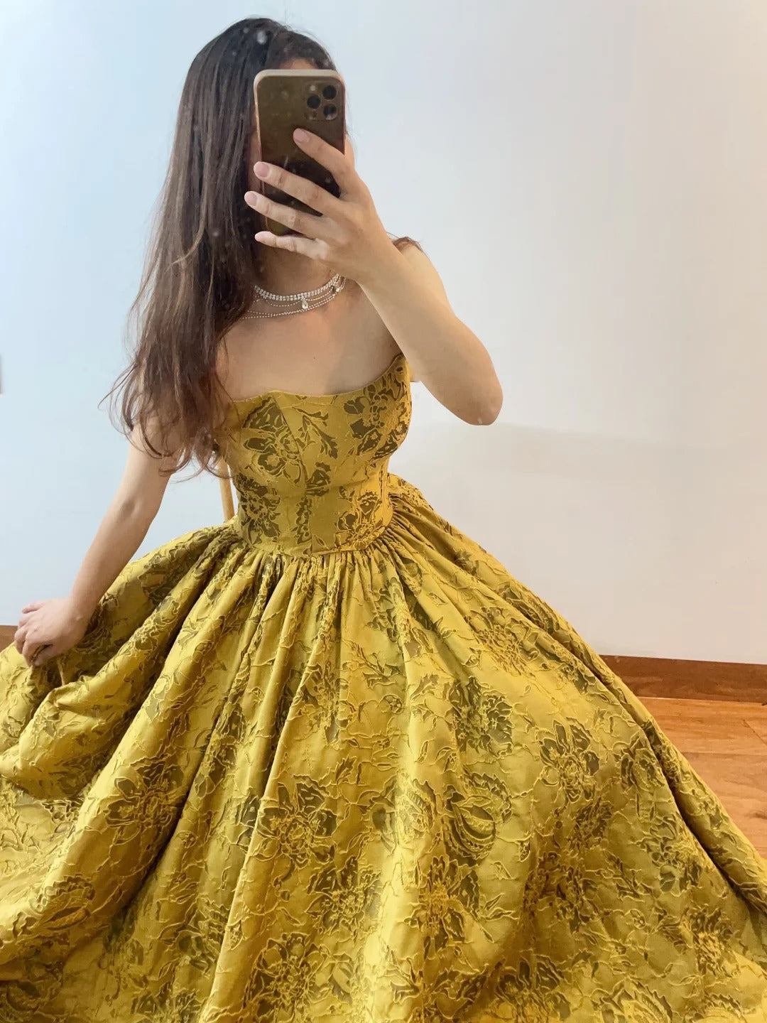Robe de soirée longue en satin, élégante et vintage, style boule, dorée, nv4774