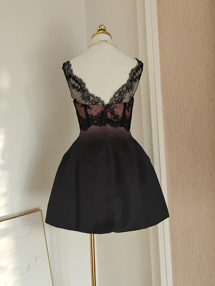 Robe de soirée courte en satin et dentelle, noire et rose, tenue de vacances, d'anniversaire, nv4268