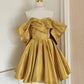 Robe de soirée jaune tendance en satin, coupe trapèze, épaules dénudées, courte, pour anniversaire, nv4271