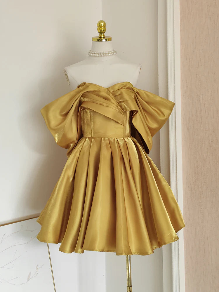 Robe de soirée jaune tendance en satin, coupe trapèze, épaules dénudées, courte, pour anniversaire, nv4271