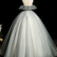 Robe de bal longue en tulle gris bleu à col rond et coupe trapèze, robe de soirée longue en tulle et dentelle à paillettes nv1495