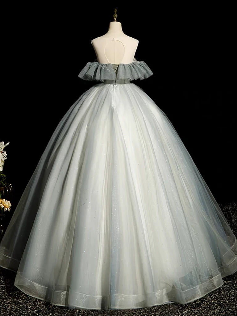 Robe de bal longue en tulle gris bleu à col rond et coupe trapèze, robe de soirée longue en tulle et dentelle à paillettes nv1495