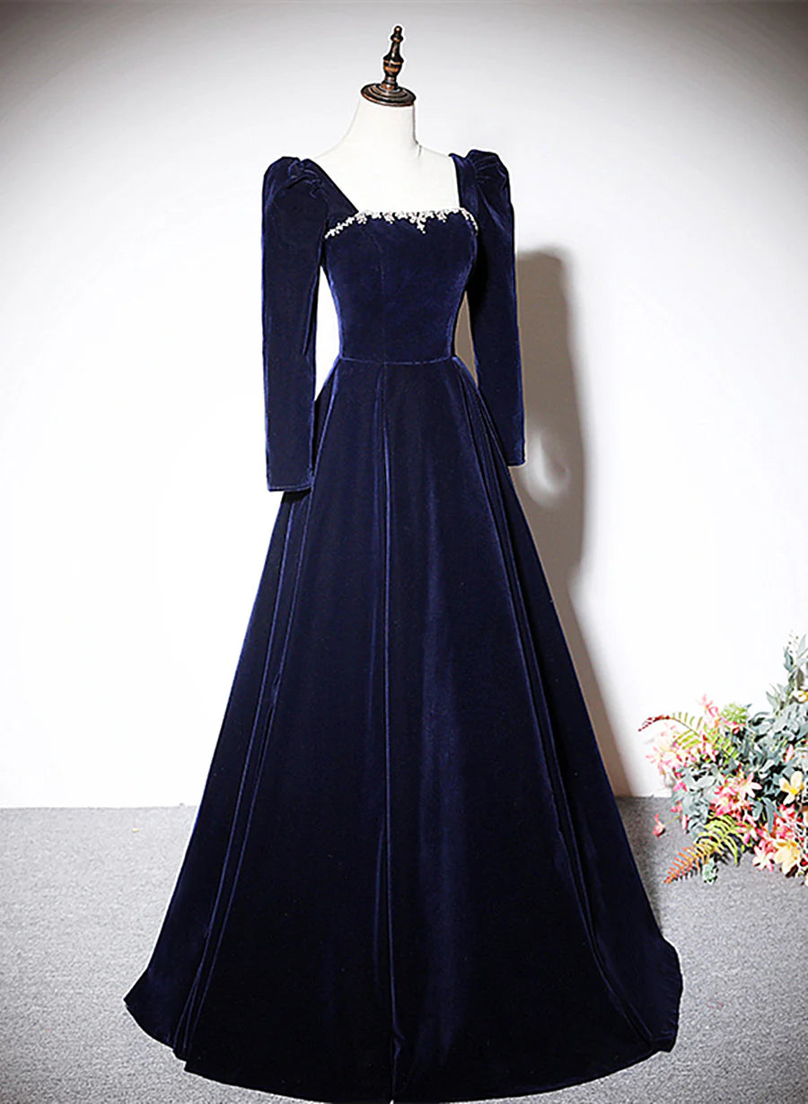 Navy Velvet Long Sleeve Beaded Gown A-Line Long Ball Gown Evening Dress nv3070