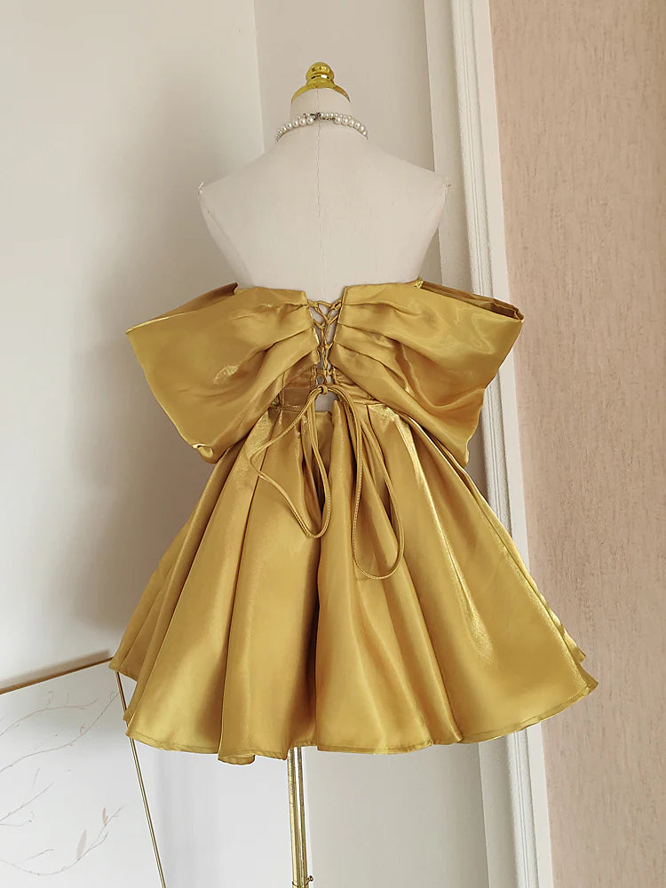 Robe de soirée jaune tendance en satin, coupe trapèze, épaules dénudées, courte, pour anniversaire, nv4271