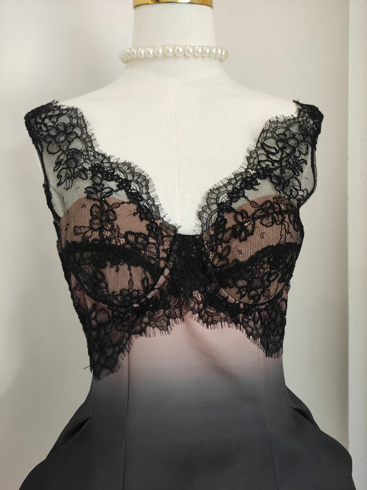 Robe de soirée courte en satin et dentelle, noire et rose, tenue de vacances, d'anniversaire, nv4268