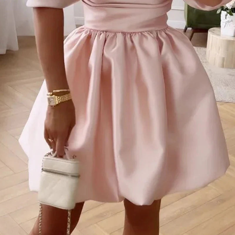 Rosa Mode Off Schulter Puffy Rock Mini Kleid Rüschen Ballkleid Elegante Abendkleid nv1788