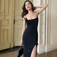 Schwarze Rose sexy Hosenträger dreidimensionales Schlitzkleid Abendkleid Ballkleid nv1889