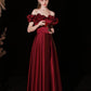 Burgundy satin off-shoulder long evening gown ball gown evening dress nv2358