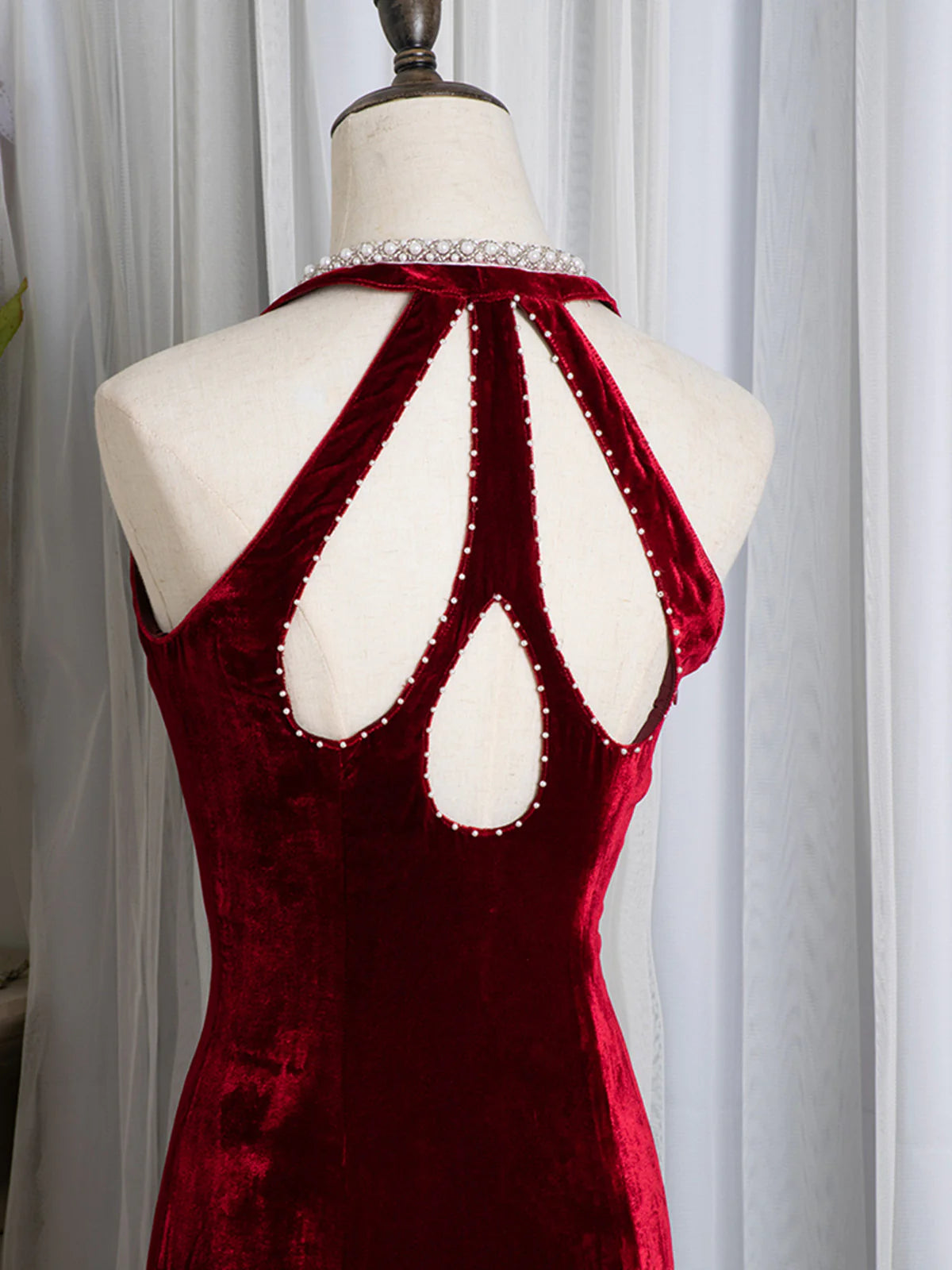 Charming Burgundy Mermaid Velvet Long Ball Gown Evening Gown Party Dress nv1776