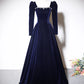 Navy Velvet Long Sleeve Beaded Gown A-Line Long Ball Gown Evening Dress nv3070