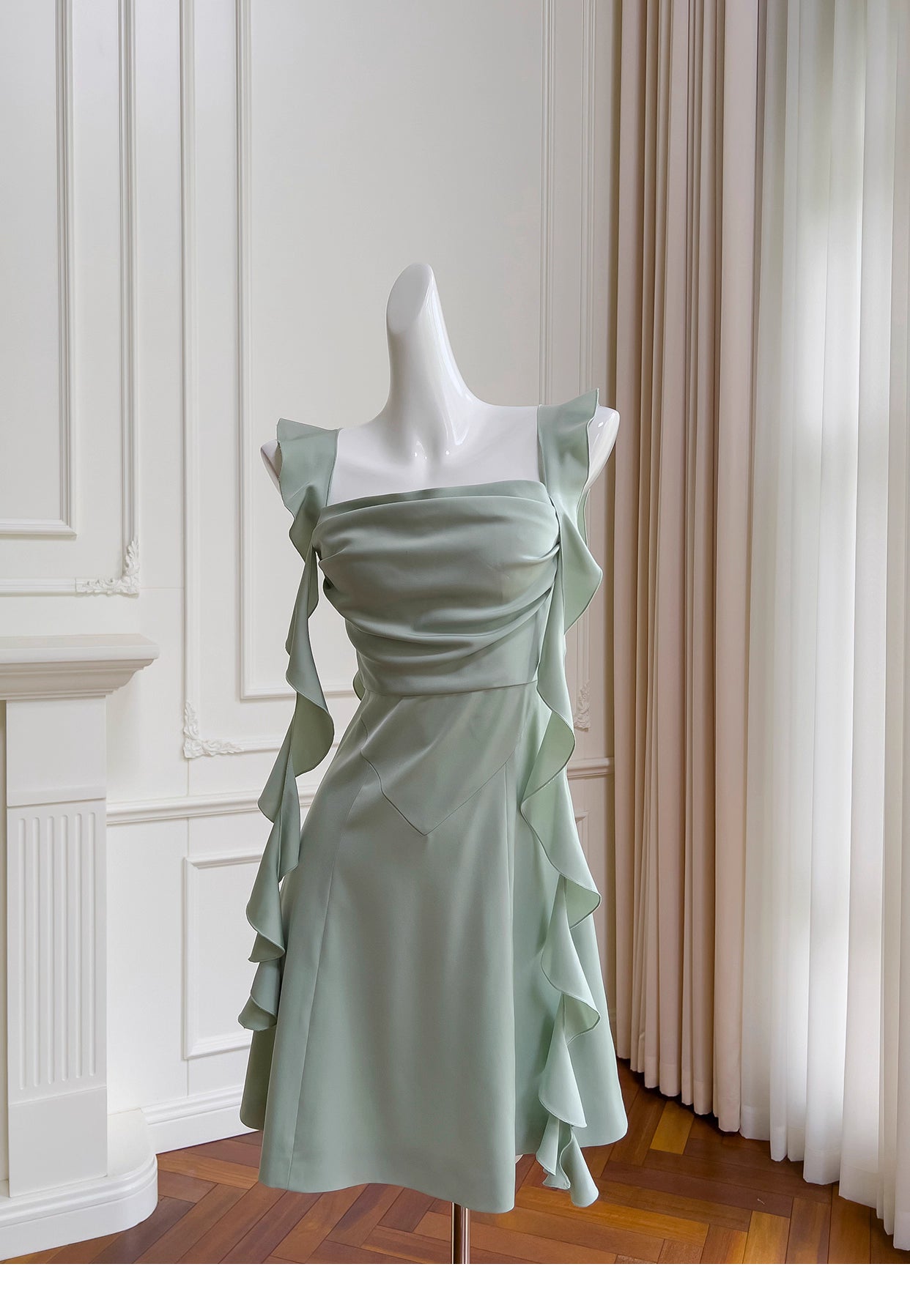 NiceVestidos-Homecoming-Kleid, Mintgrün, quadratischer Ausschnitt, Design Sense Ribbon, kurzer Stil, zierliches, sommerliches, schmales Satinkleid, NV5560