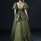 Vintage olive green A-line off-the-shoulder short sleeves solid satin low back bow train long ball gown evening dress party dress nv2566