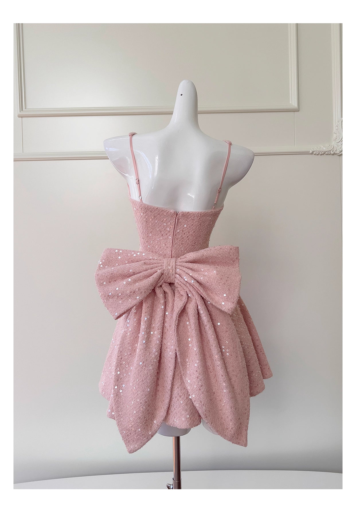 Robe courte de soirée rose à bretelles en tweed pailleté, taille haute, avec nœud, collection nv5544