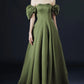 Vintage olive green A-line off-the-shoulder short sleeves solid satin low back bow train long ball gown evening dress party dress nv2566