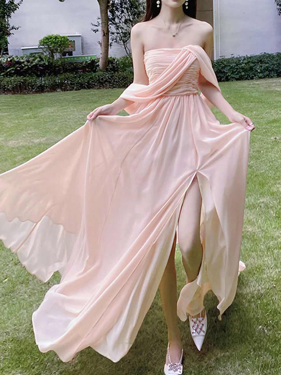 Rosa Chiffon Lange Ballkleider, Rosa Abendkleid nv1531