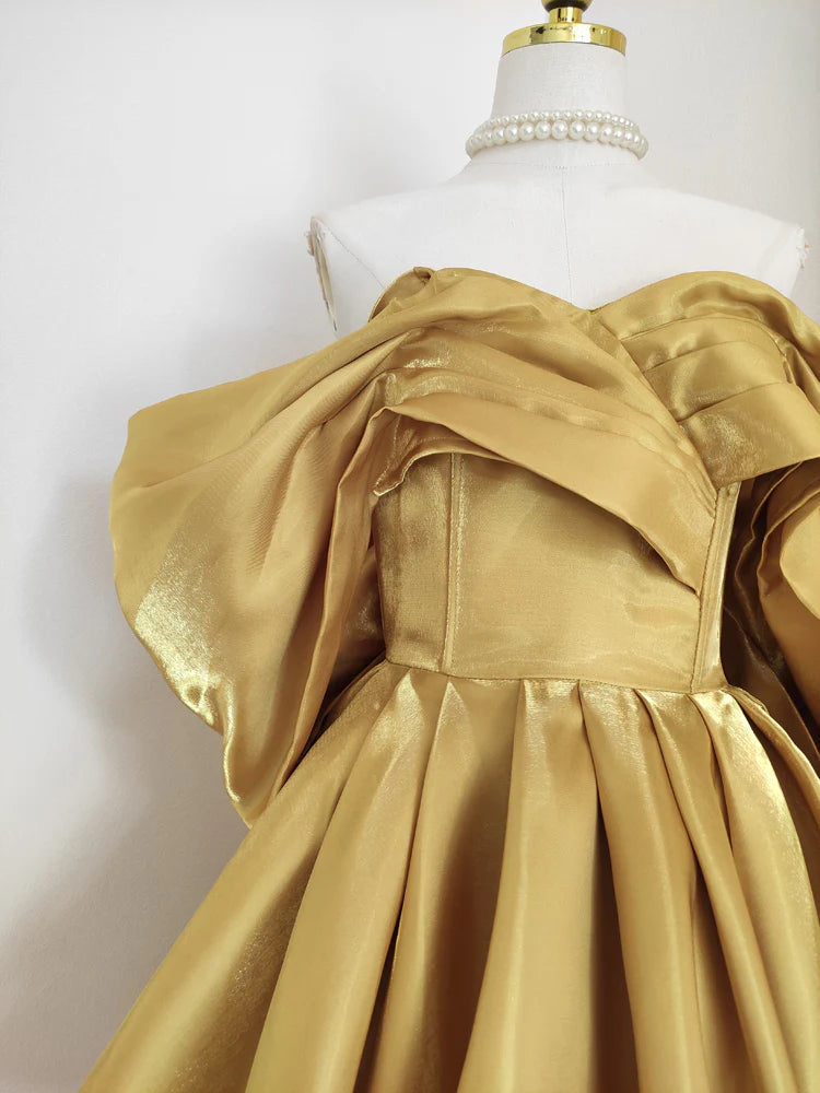 Robe de soirée jaune tendance en satin, coupe trapèze, épaules dénudées, courte, pour anniversaire, nv4271