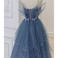 Blue gorgeous shiny elegant applique long tulle ball gown evening gown graduation dress nv55