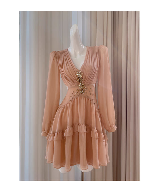 NiceVestidos-Homecoming-Kleid, Blumenmuster, Champagner, Chiffon, sanft und elegant, kurzes Kleid, Partykleid, NV5553