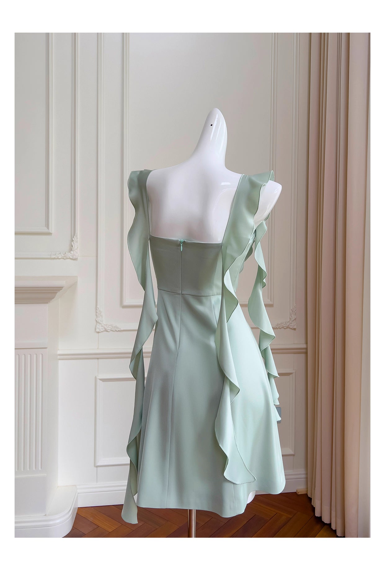 NiceVestidos-Homecoming-Kleid, Mintgrün, quadratischer Ausschnitt, Design Sense Ribbon, kurzer Stil, zierliches, sommerliches, schmales Satinkleid, NV5560