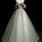 Robe de bal longue en tulle gris bleu à col rond et coupe trapèze, robe de soirée longue en tulle et dentelle à paillettes nv1495