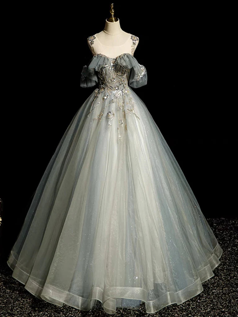 Robe de bal longue en tulle gris bleu à col rond et coupe trapèze, robe de soirée longue en tulle et dentelle à paillettes nv1495