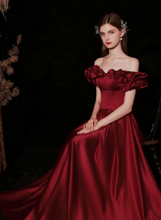 Burgundy satin off-shoulder long evening gown ball gown evening dress nv2358