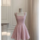 Robe courte de soirée rose à bretelles en tweed pailleté, taille haute, avec nœud, collection nv5544