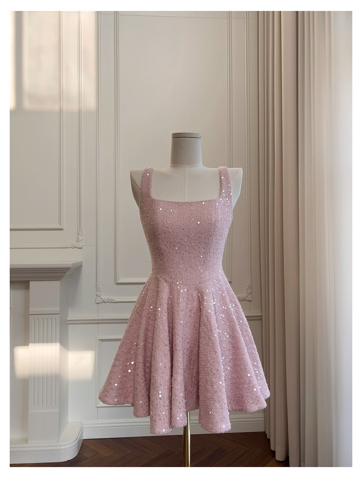 Robe courte de soirée rose à bretelles en tweed pailleté, taille haute, avec nœud, collection nv5544
