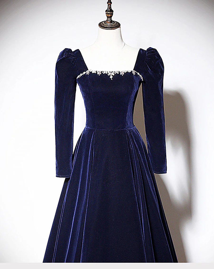 Navy Velvet Long Sleeve Beaded Gown A-Line Long Ball Gown Evening Dress nv3070