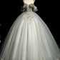 Robe de bal longue en tulle gris bleu à col rond et coupe trapèze, robe de soirée longue en tulle et dentelle à paillettes nv1495