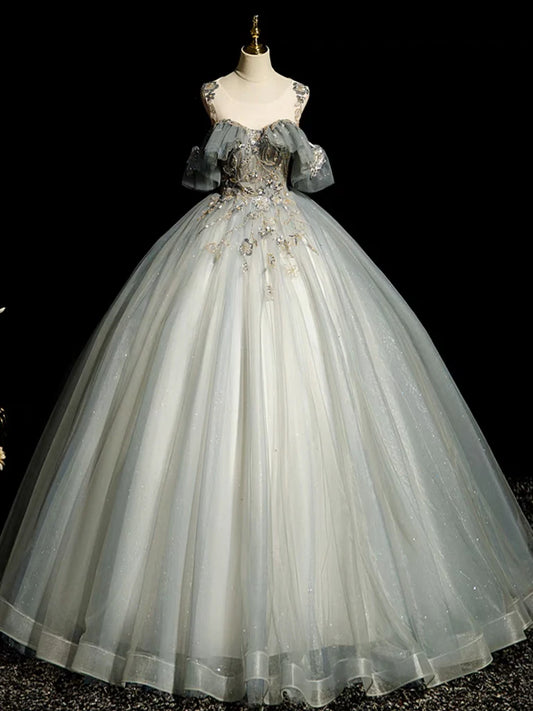 A-Linie Rundhals Tüll Grau Blau Langes Ballkleid, Tüll Pailletten Spitze Langes Abendkleid nv1495