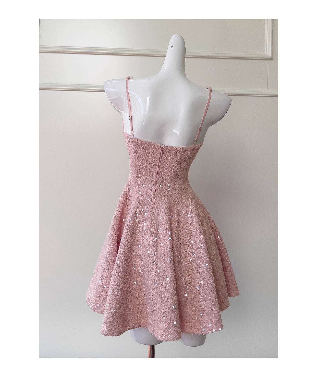 Robe courte de soirée rose à bretelles en tweed pailleté, taille haute, avec nœud, collection nv5544