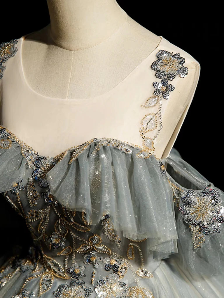 Robe de bal longue en tulle gris bleu à col rond et coupe trapèze, robe de soirée longue en tulle et dentelle à paillettes nv1495