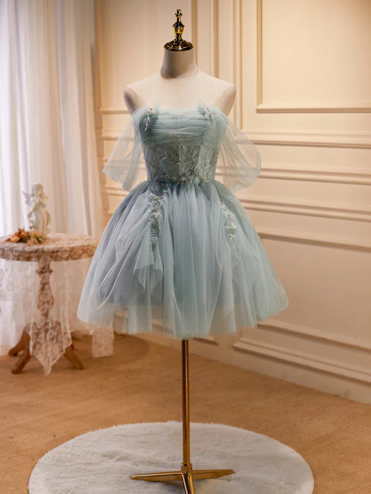 Grünes, kurzes Ballkleid aus Tüll mit Perlen, süßes, schulterfreies Homecoming-Kleid nv1587