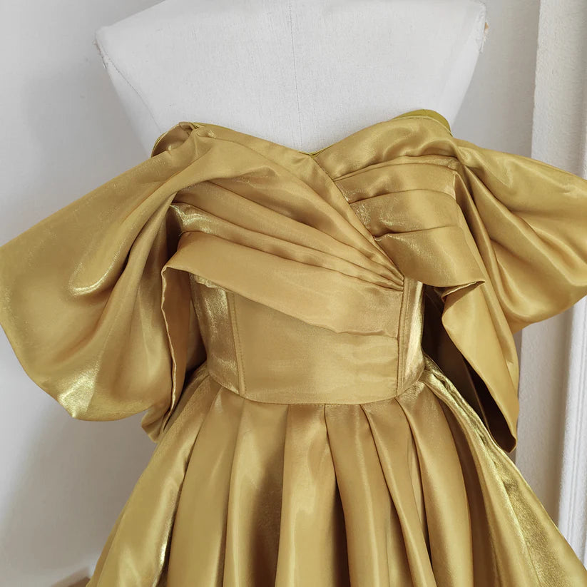 Robe de soirée jaune tendance en satin, coupe trapèze, épaules dénudées, courte, pour anniversaire, nv4271