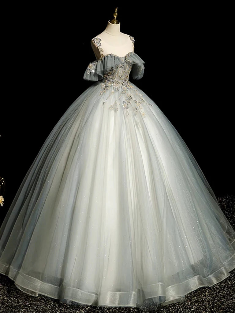 Robe de bal longue en tulle gris bleu à col rond et coupe trapèze, robe de soirée longue en tulle et dentelle à paillettes nv1495