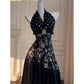 NiceVestidos-Homecoming-Kleid, Schwarz und Gold, Satin, Jacquard-Design, ärmellos, langes Kleid, rückenfrei, Neckholder, sexy Bankettkleid, nv5559