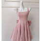 Robe courte de soirée rose à bretelles en tweed pailleté, taille haute, avec nœud, collection nv5544