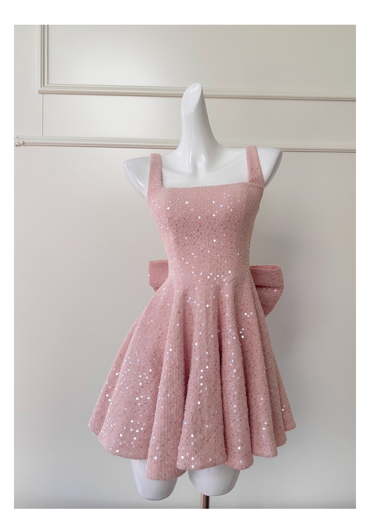 Robe courte de soirée rose à bretelles en tweed pailleté, taille haute, avec nœud, collection nv5544