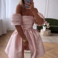 Rosa Mode Off Schulter Puffy Rock Mini Kleid Rüschen Ballkleid Elegante Abendkleid nv1788