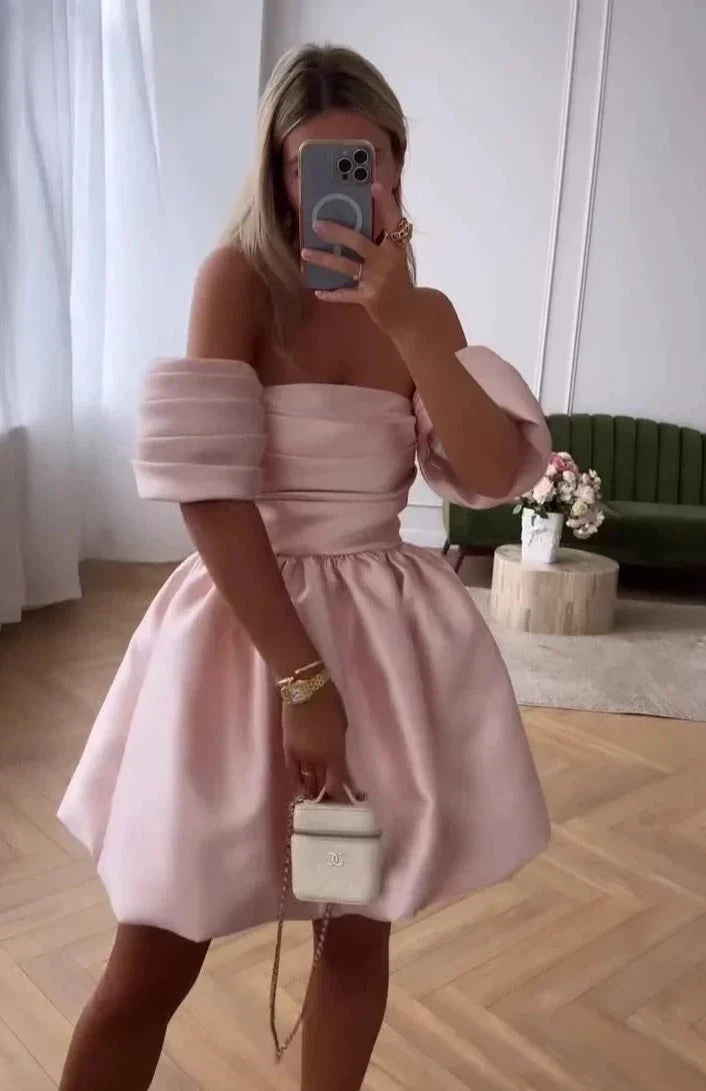 Rosa Mode Off Schulter Puffy Rock Mini Kleid Rüschen Ballkleid Elegante Abendkleid nv1788