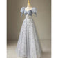 Süßes langes Ballkleid mit Blumenmuster, A-Linie, Puffärmeln, blaues Partykleid, Abschlusskleid, Abendkleid nv1860