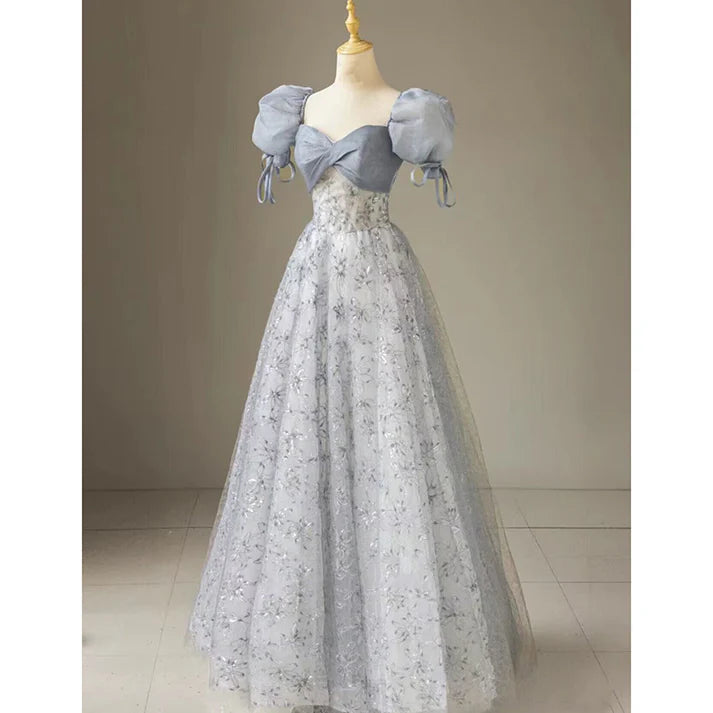 Süßes langes Ballkleid mit Blumenmuster, A-Linie, Puffärmeln, blaues Partykleid, Abschlusskleid, Abendkleid nv1860