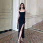 Schwarze Rose sexy Hosenträger dreidimensionales Schlitzkleid Abendkleid Ballkleid nv1889
