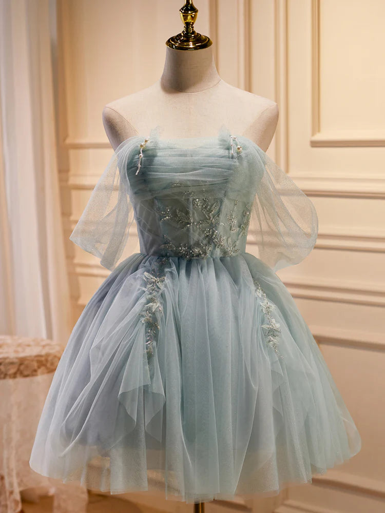 Grünes, kurzes Ballkleid aus Tüll mit Perlen, süßes, schulterfreies Homecoming-Kleid nv1587
