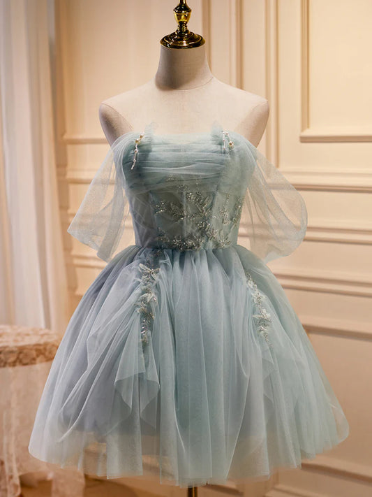 Grünes, kurzes Ballkleid aus Tüll mit Perlen, süßes, schulterfreies Homecoming-Kleid nv1587